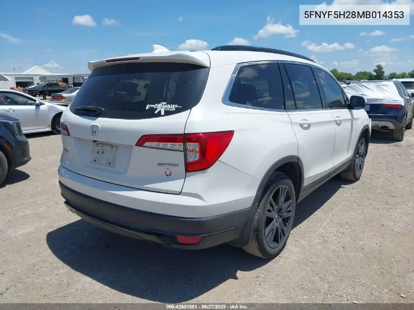 2021 Honda Pilot 2Wd Special Edition VIN: 5FNYF5H28MB014353 Lot: 42601581