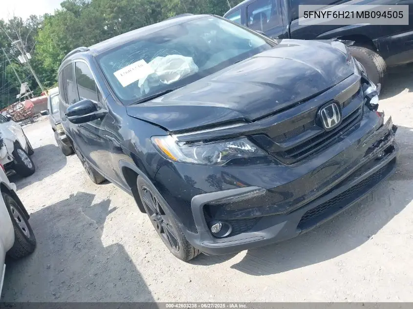 2021 Honda Pilot Awd Special Edition VIN: 5FNYF6H21MB094505 Lot: 42603238
