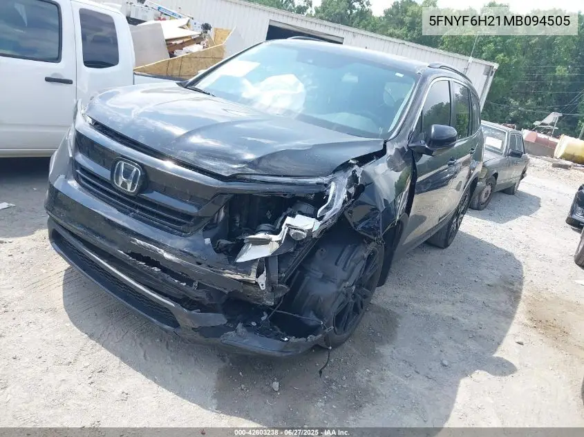 2021 Honda Pilot Awd Special Edition VIN: 5FNYF6H21MB094505 Lot: 42603238