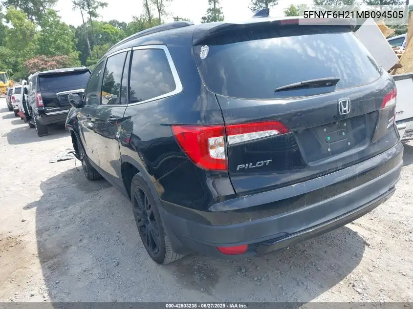 2021 Honda Pilot Awd Special Edition VIN: 5FNYF6H21MB094505 Lot: 42603238