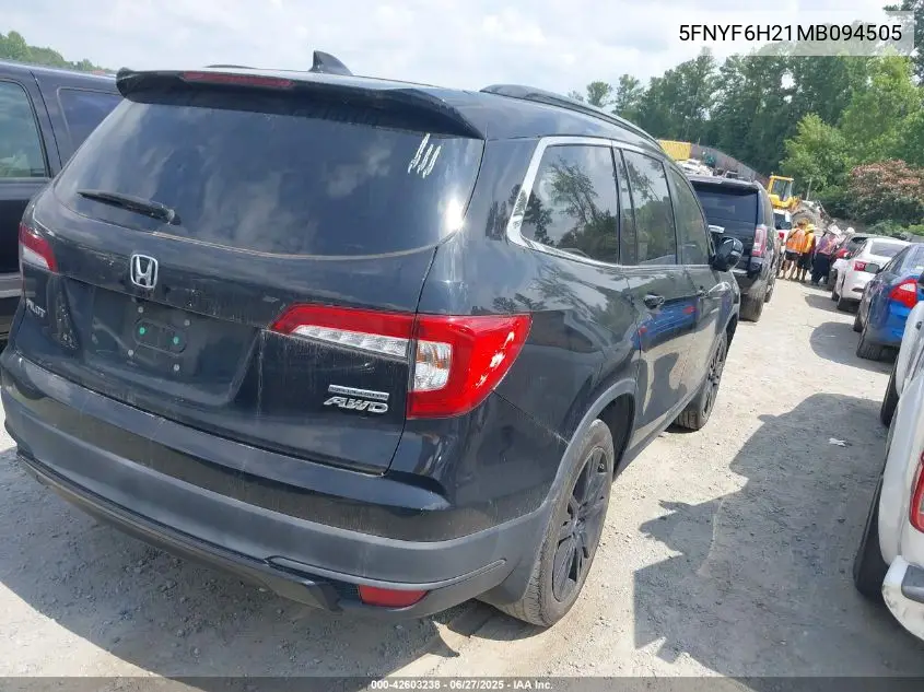 2021 Honda Pilot Awd Special Edition VIN: 5FNYF6H21MB094505 Lot: 42603238