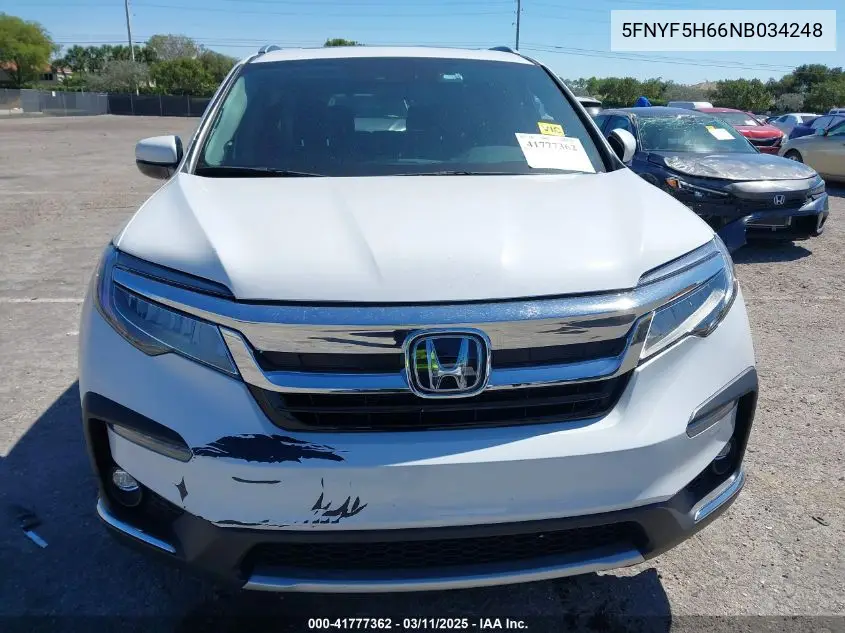 2022 Honda Pilot 2Wd Touring 7 Passenger VIN: 5FNYF5H66NB034248 Lot: 41777362