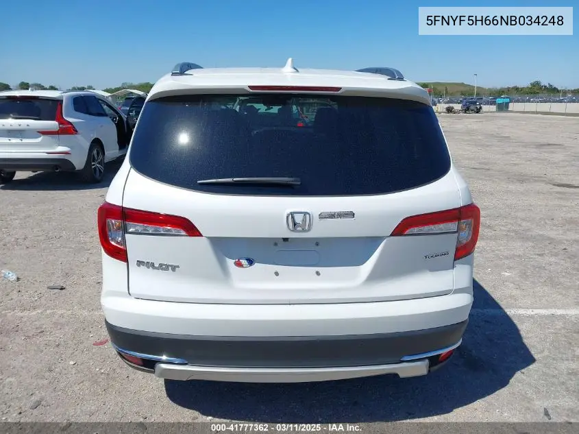 2022 Honda Pilot 2Wd Touring 7 Passenger VIN: 5FNYF5H66NB034248 Lot: 41777362