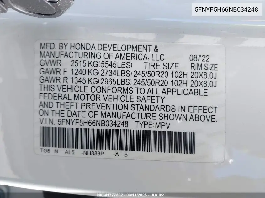 2022 Honda Pilot 2Wd Touring 7 Passenger VIN: 5FNYF5H66NB034248 Lot: 41777362