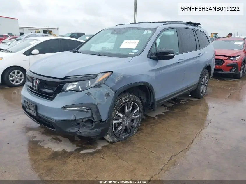 2022 Honda Pilot 2Wd Sport VIN: 5FNYF5H34NB019222 Lot: 41905708