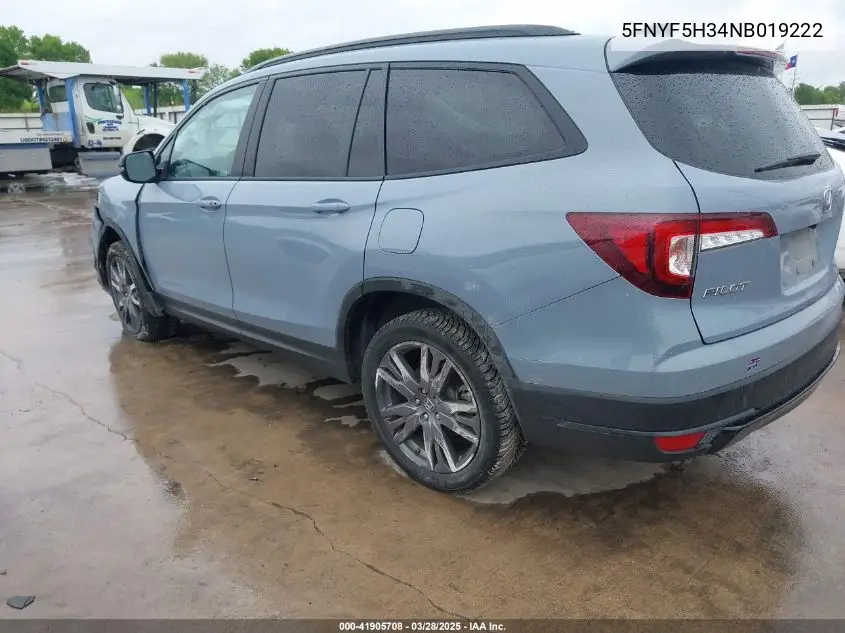 2022 Honda Pilot 2Wd Sport VIN: 5FNYF5H34NB019222 Lot: 41905708