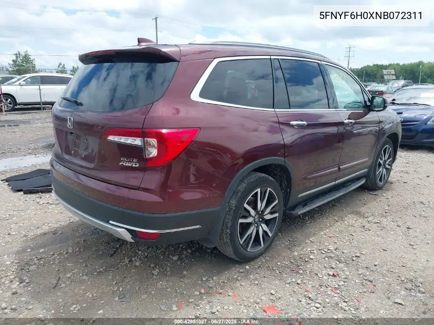 2022 Honda Pilot Awd Elite VIN: 5FNYF6H0XNB072311 Lot: 42591027
