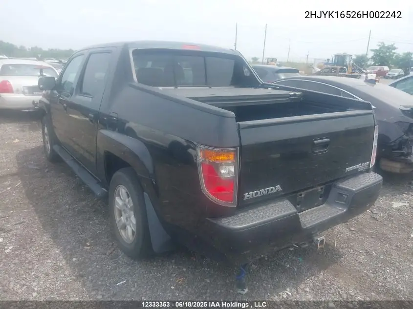 2006 Honda Ridgeline Rtl VIN: 2HJYK16526H002242 Lot: 12333353