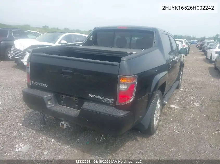 2006 Honda Ridgeline Rtl VIN: 2HJYK16526H002242 Lot: 12333353