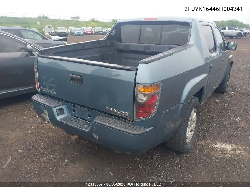 2006 Honda Ridgeline Rts VIN: 2HJYK16446H004341 Lot: 12333357