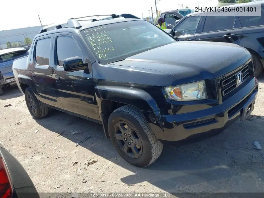 2006 Honda Ridgeline Rts VIN: 2HJYK16436H001401 Lot: 12339917