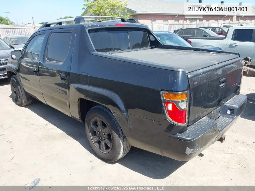 2006 Honda Ridgeline Rts VIN: 2HJYK16436H001401 Lot: 12339917
