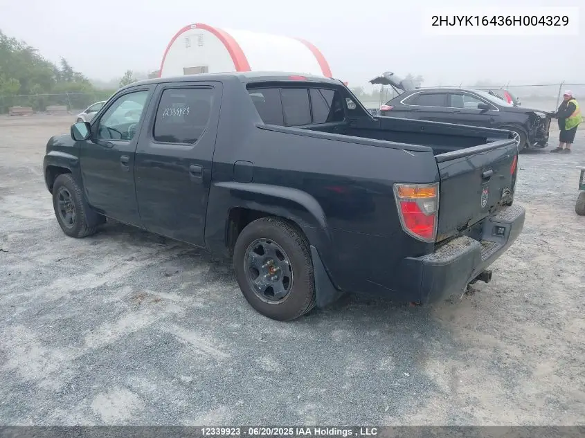 2006 Honda Ridgeline Lx VIN: 2HJYK16436H004329 Lot: 12339923