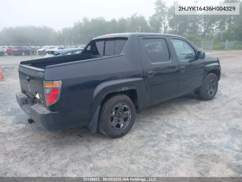 2006 Honda Ridgeline Lx VIN: 2HJYK16436H004329 Lot: 12339923
