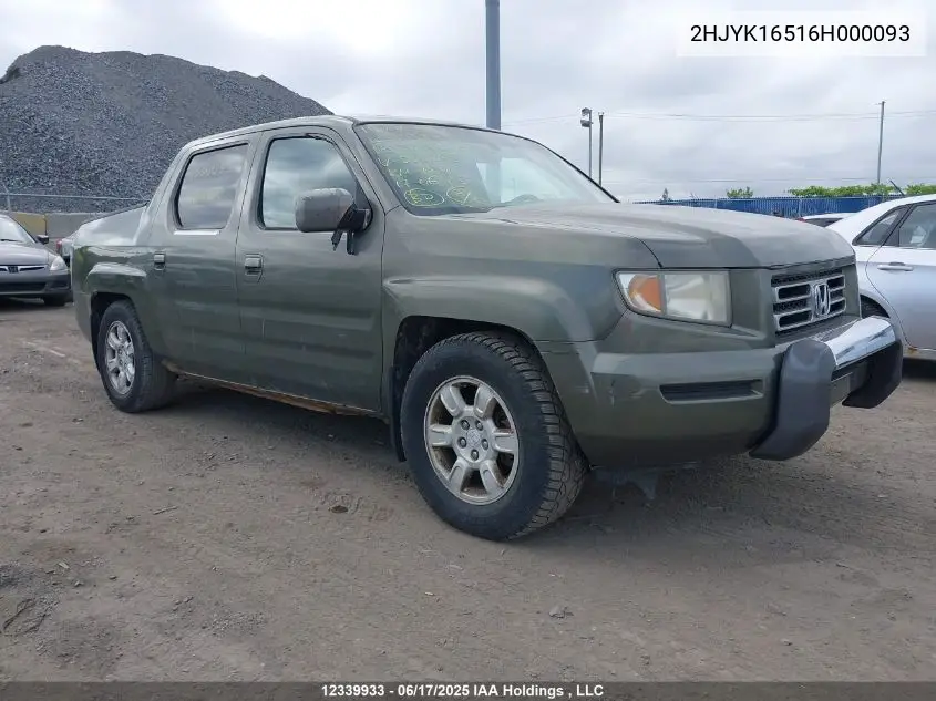 2006 Honda Ridgeline Rtl VIN: 2HJYK16516H000093 Lot: 12339933