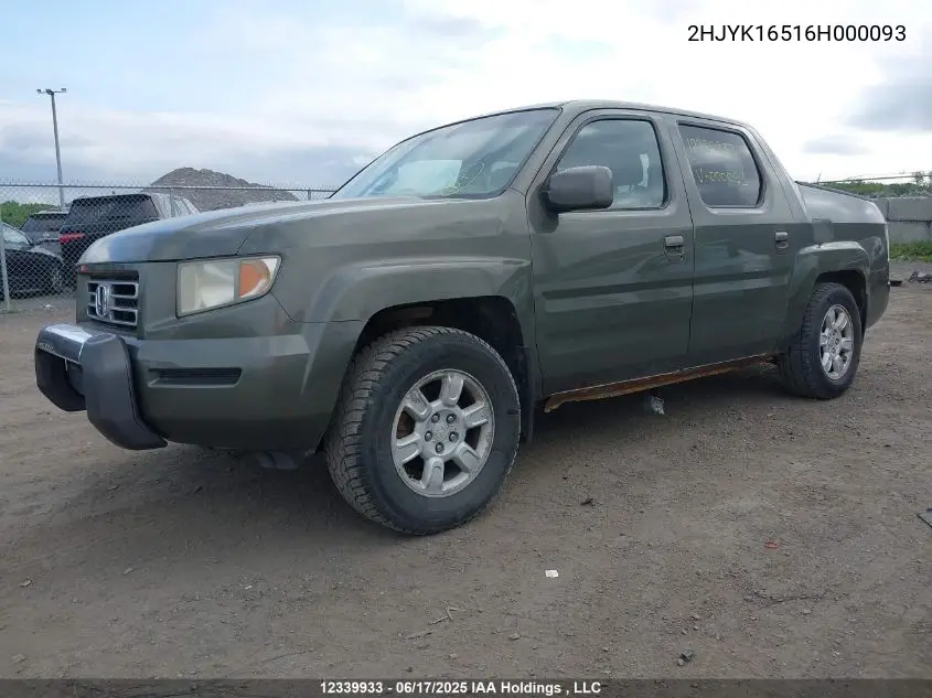 2006 Honda Ridgeline Rtl VIN: 2HJYK16516H000093 Lot: 12339933