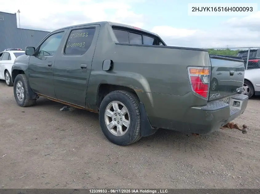 2006 Honda Ridgeline Rtl VIN: 2HJYK16516H000093 Lot: 12339933