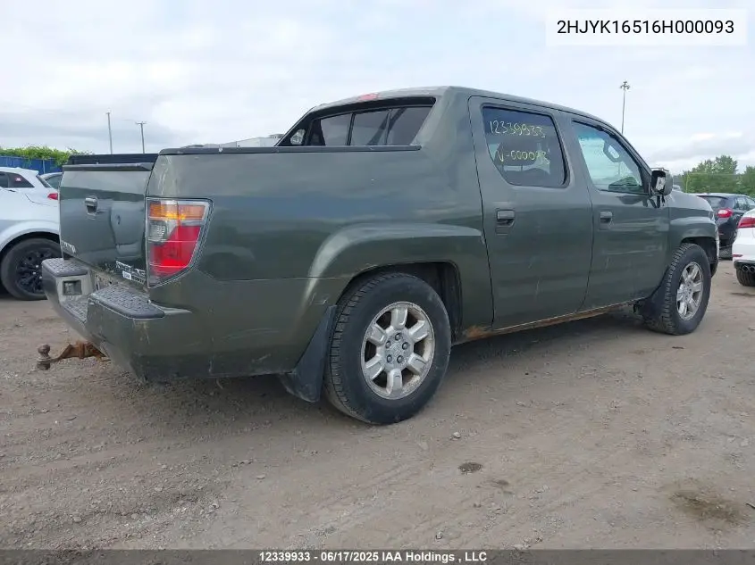 2006 Honda Ridgeline Rtl VIN: 2HJYK16516H000093 Lot: 12339933