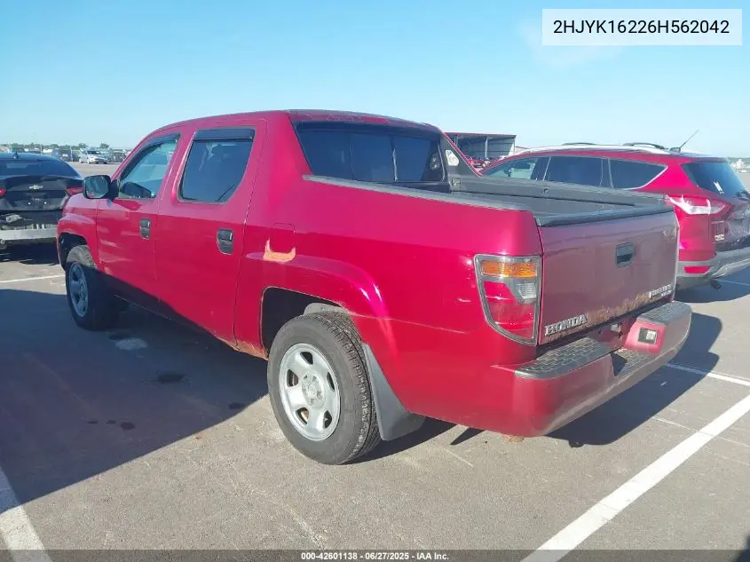 2006 Honda Ridgeline Rt VIN: 2HJYK16226H562042 Lot: 42601138