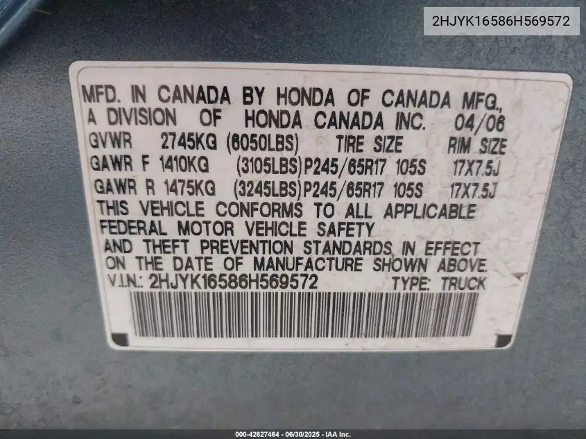 2006 Honda Ridgeline Rtl VIN: 2HJYK16586H569572 Lot: 42627464