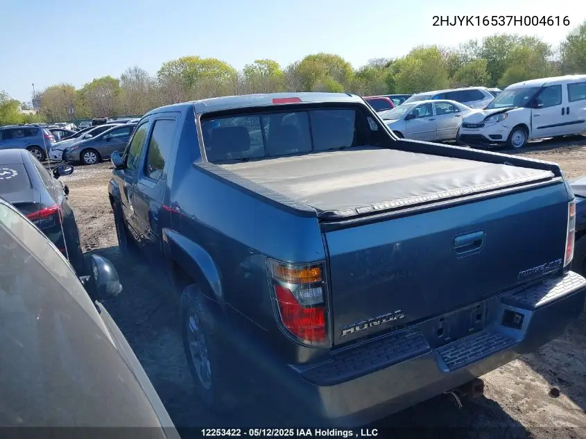 2007 Honda Ridgeline Ex-L VIN: 2HJYK16537H004616 Lot: 12253422