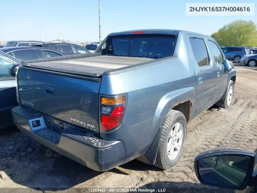 2007 Honda Ridgeline Ex-L VIN: 2HJYK16537H004616 Lot: 12253422