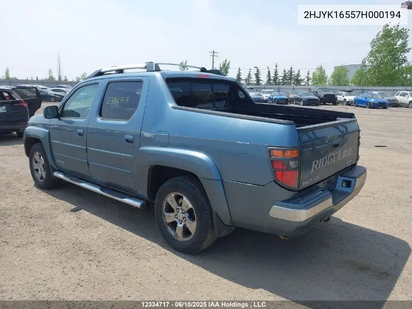 2007 Honda Ridgeline Ex-L VIN: 2HJYK16557H000194 Lot: 12334717