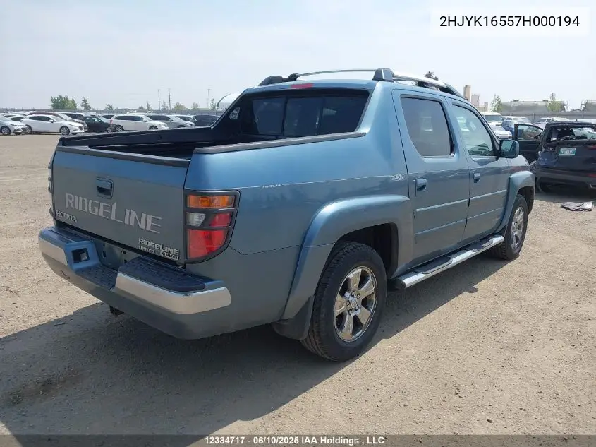 2007 Honda Ridgeline Ex-L VIN: 2HJYK16557H000194 Lot: 12334717