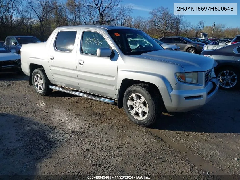 2007 Honda Ridgeline Rtl VIN: 2HJYK16597H500648 Lot: 40949465
