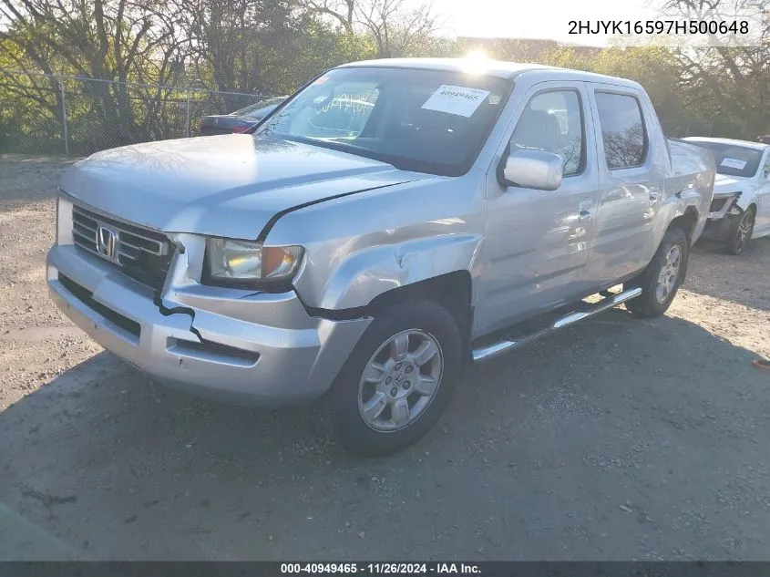 2007 Honda Ridgeline Rtl VIN: 2HJYK16597H500648 Lot: 40949465