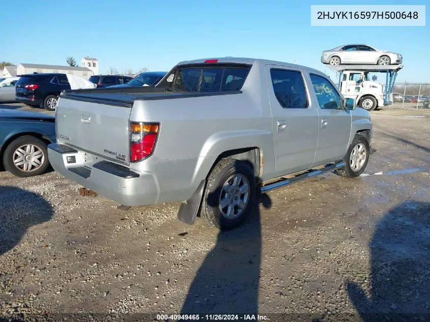 2007 Honda Ridgeline Rtl VIN: 2HJYK16597H500648 Lot: 40949465