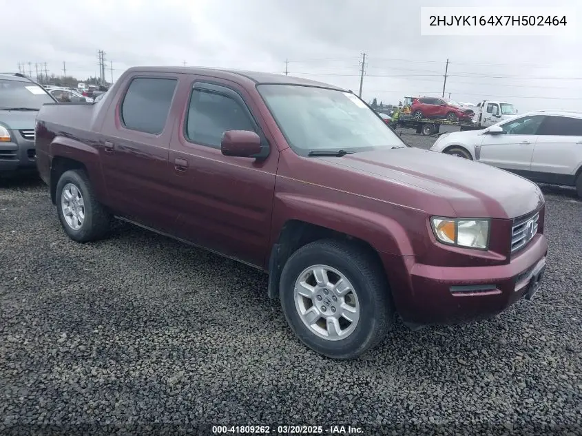 2007 Honda Ridgeline Rts VIN: 2HJYK164X7H502464 Lot: 41809262