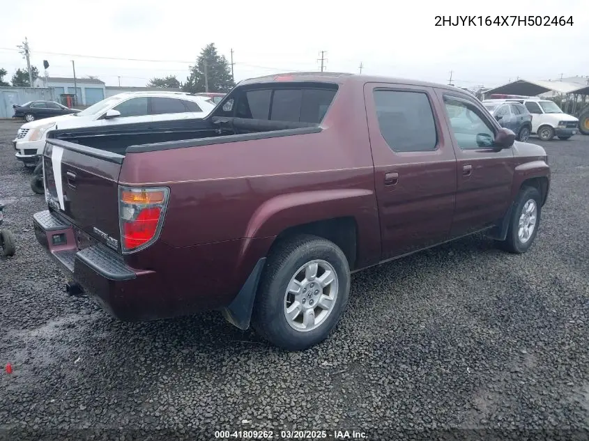 2007 Honda Ridgeline Rts VIN: 2HJYK164X7H502464 Lot: 41809262