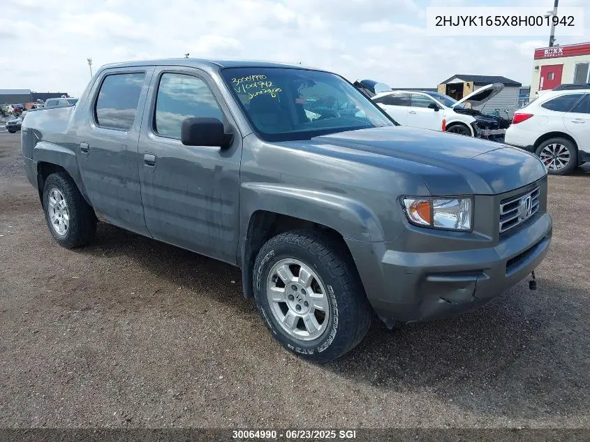2008 Honda Ridgeline Rtl VIN: 2HJYK165X8H001942 Lot: 30064990