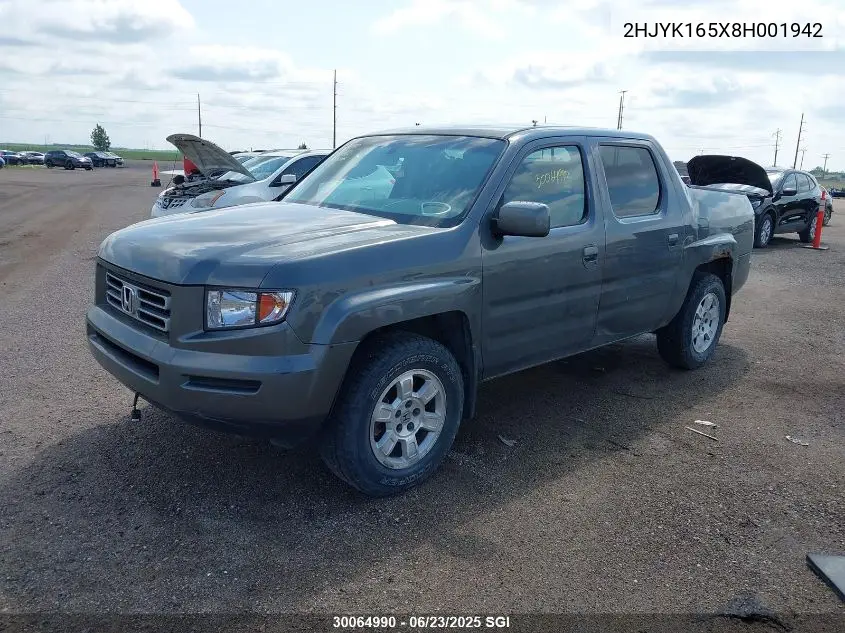 2008 Honda Ridgeline Rtl VIN: 2HJYK165X8H001942 Lot: 30064990