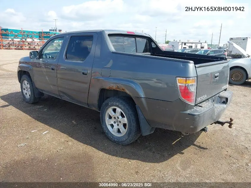 2008 Honda Ridgeline Rtl VIN: 2HJYK165X8H001942 Lot: 30064990