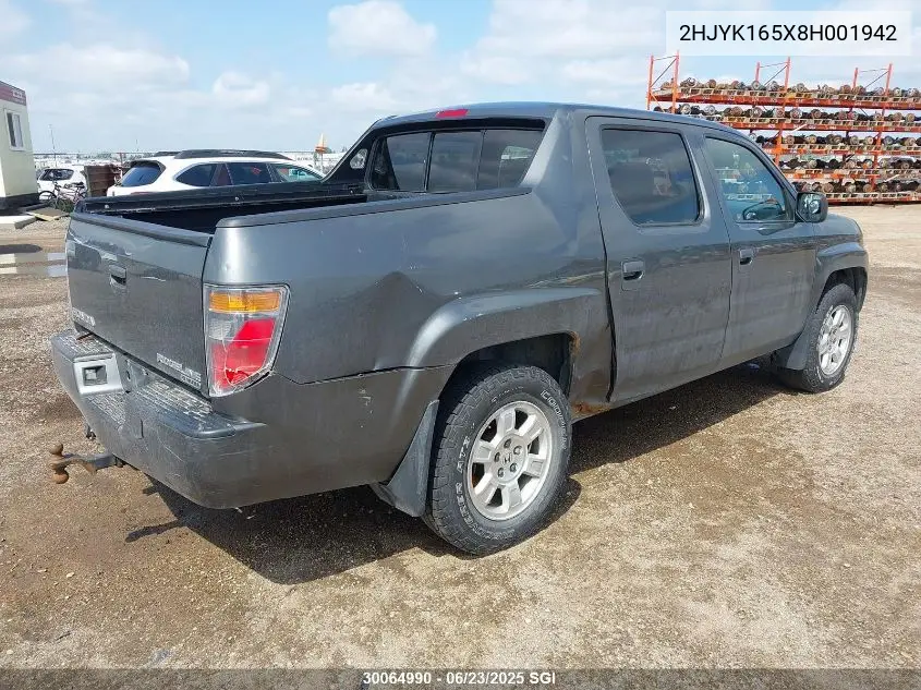 2008 Honda Ridgeline Rtl VIN: 2HJYK165X8H001942 Lot: 30064990