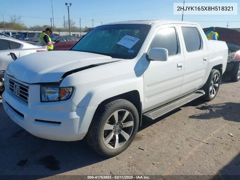 2008 Honda Ridgeline Rtl VIN: 2HJYK165X8H518321 Lot: 41763883