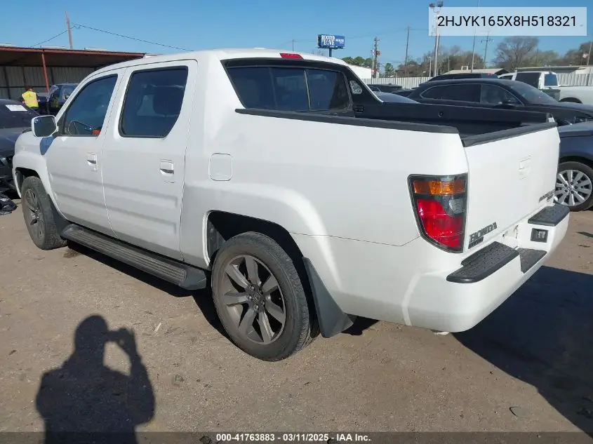 2008 Honda Ridgeline Rtl VIN: 2HJYK165X8H518321 Lot: 41763883