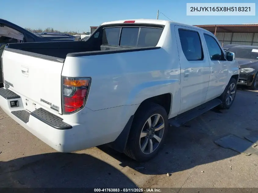 2008 Honda Ridgeline Rtl VIN: 2HJYK165X8H518321 Lot: 41763883