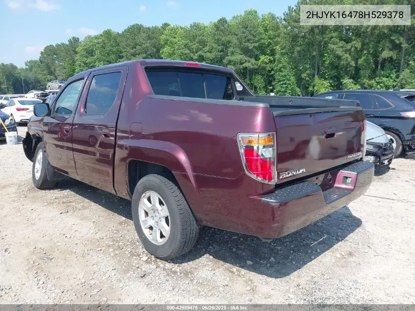 2008 Honda Ridgeline Rts VIN: 2HJYK16478H529378 Lot: 42589475
