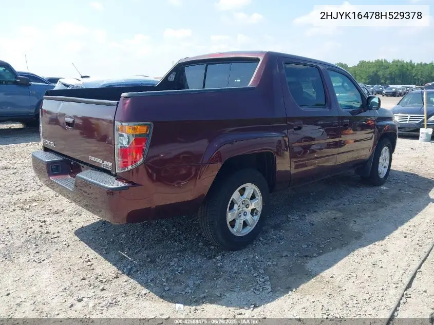 2008 Honda Ridgeline Rts VIN: 2HJYK16478H529378 Lot: 42589475