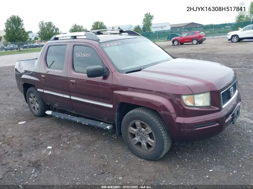 2008 Honda Ridgeline Rtx VIN: 2HJYK16308H517841 Lot: 42633601