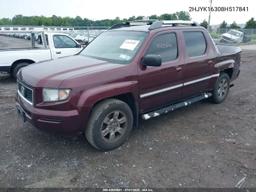 2008 Honda Ridgeline Rtx VIN: 2HJYK16308H517841 Lot: 42633601