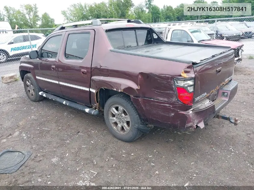2008 Honda Ridgeline Rtx VIN: 2HJYK16308H517841 Lot: 42633601