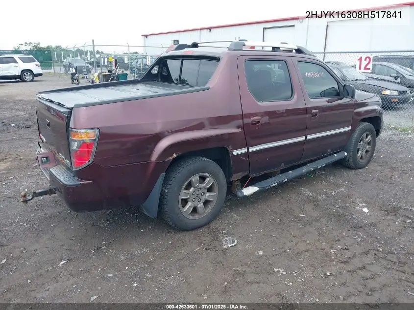 2008 Honda Ridgeline Rtx VIN: 2HJYK16308H517841 Lot: 42633601