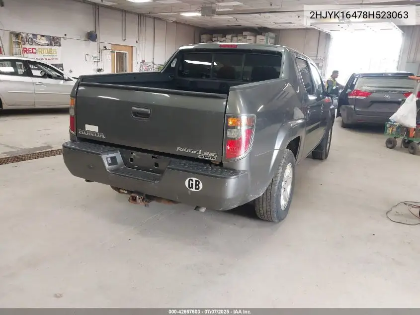 2008 Honda Ridgeline Rts VIN: 2HJYK16478H523063 Lot: 42667603