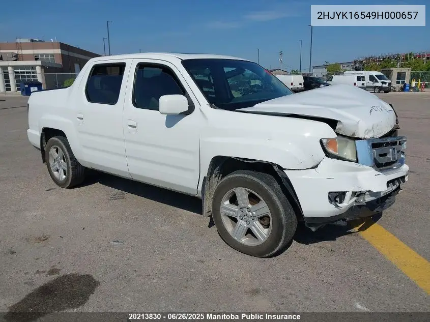 2009 Honda Ridgeline Ex-L VIN: 2HJYK16549H000657 Lot: 20213830