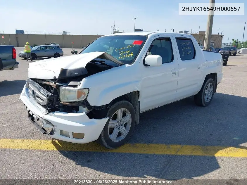 2009 Honda Ridgeline Ex-L VIN: 2HJYK16549H000657 Lot: 20213830