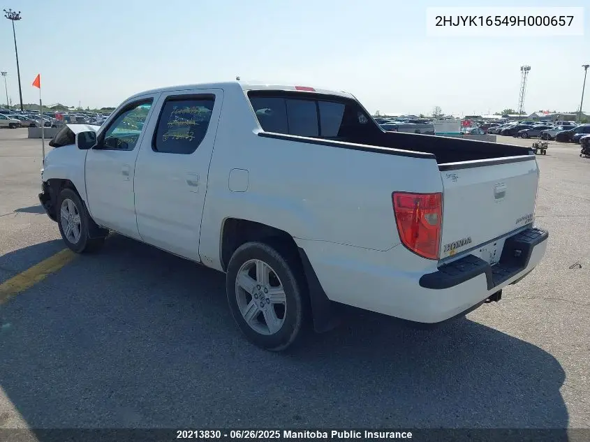 2009 Honda Ridgeline Ex-L VIN: 2HJYK16549H000657 Lot: 20213830